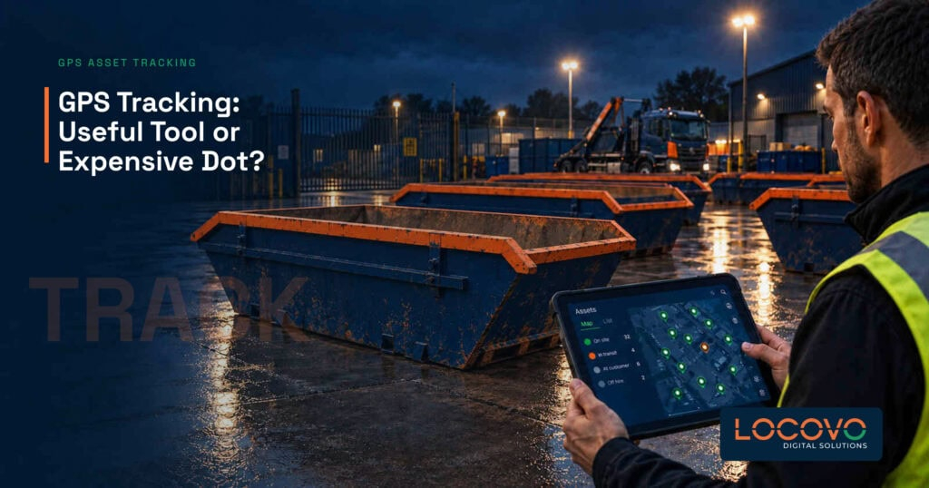Operator viewing skip locations on a tablet map in a skip yard.