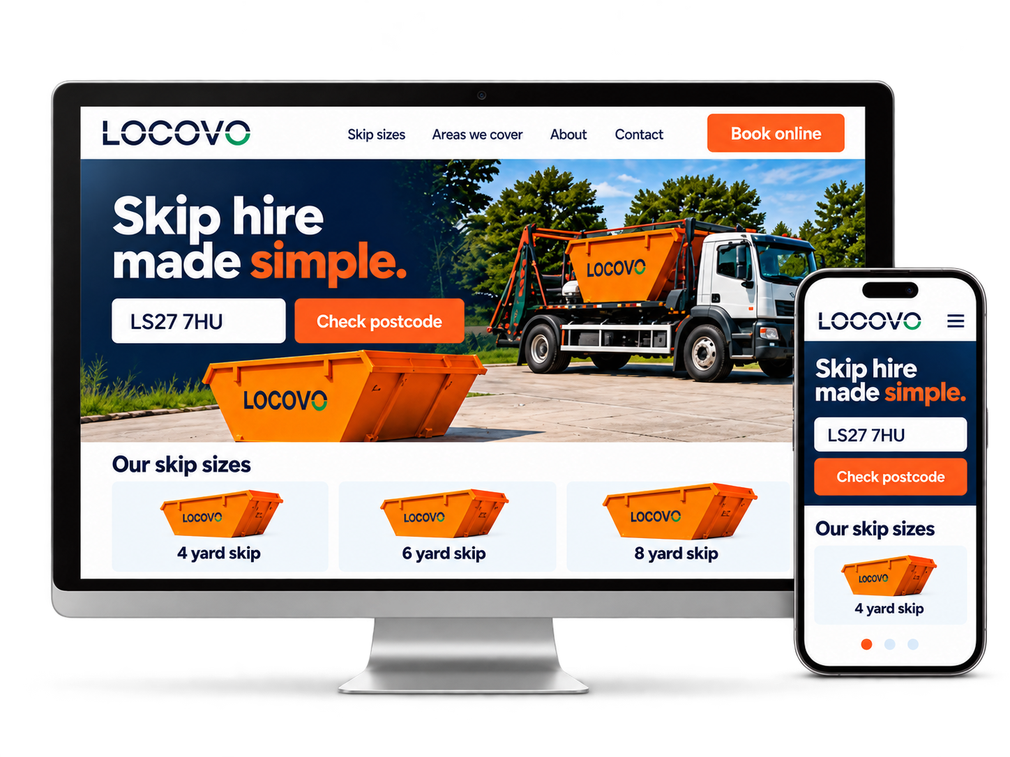 Locovo skip hire website displayed on desktop and mobile