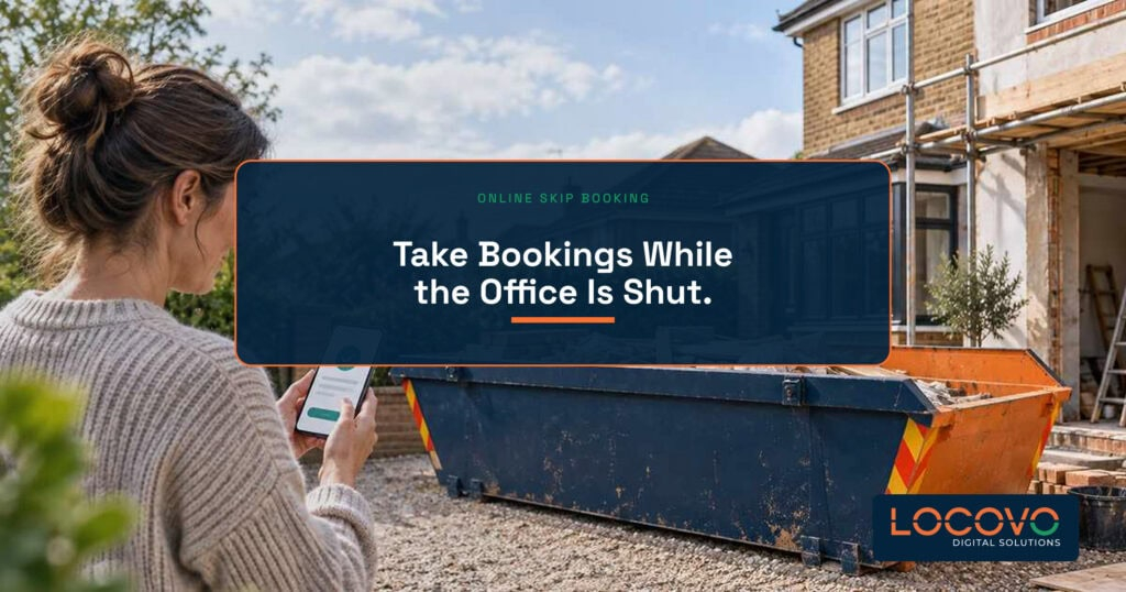 Customer booking a skip on her phone outside a house under renovation.