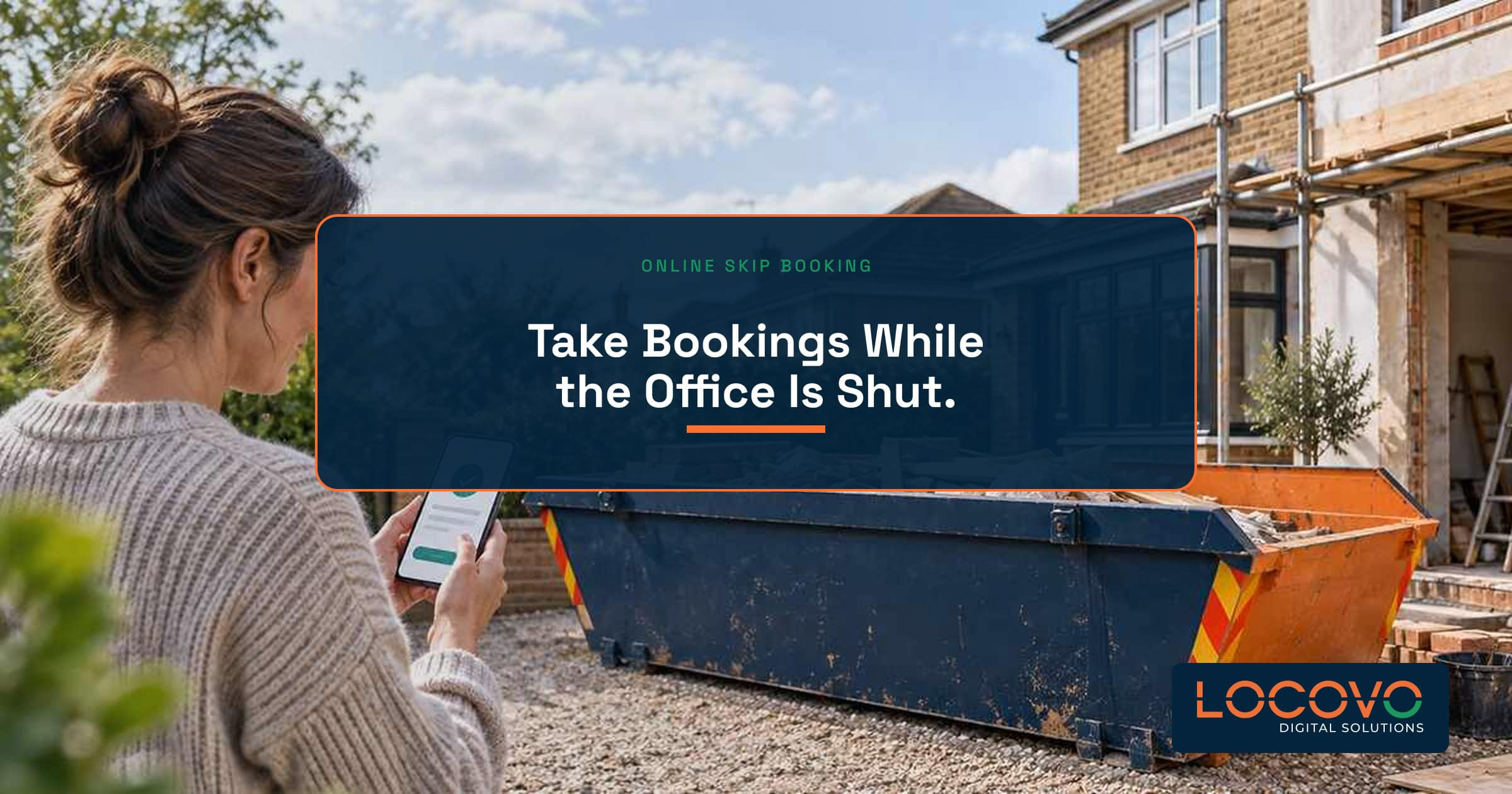 Customer booking a skip on her phone outside a house under renovation.