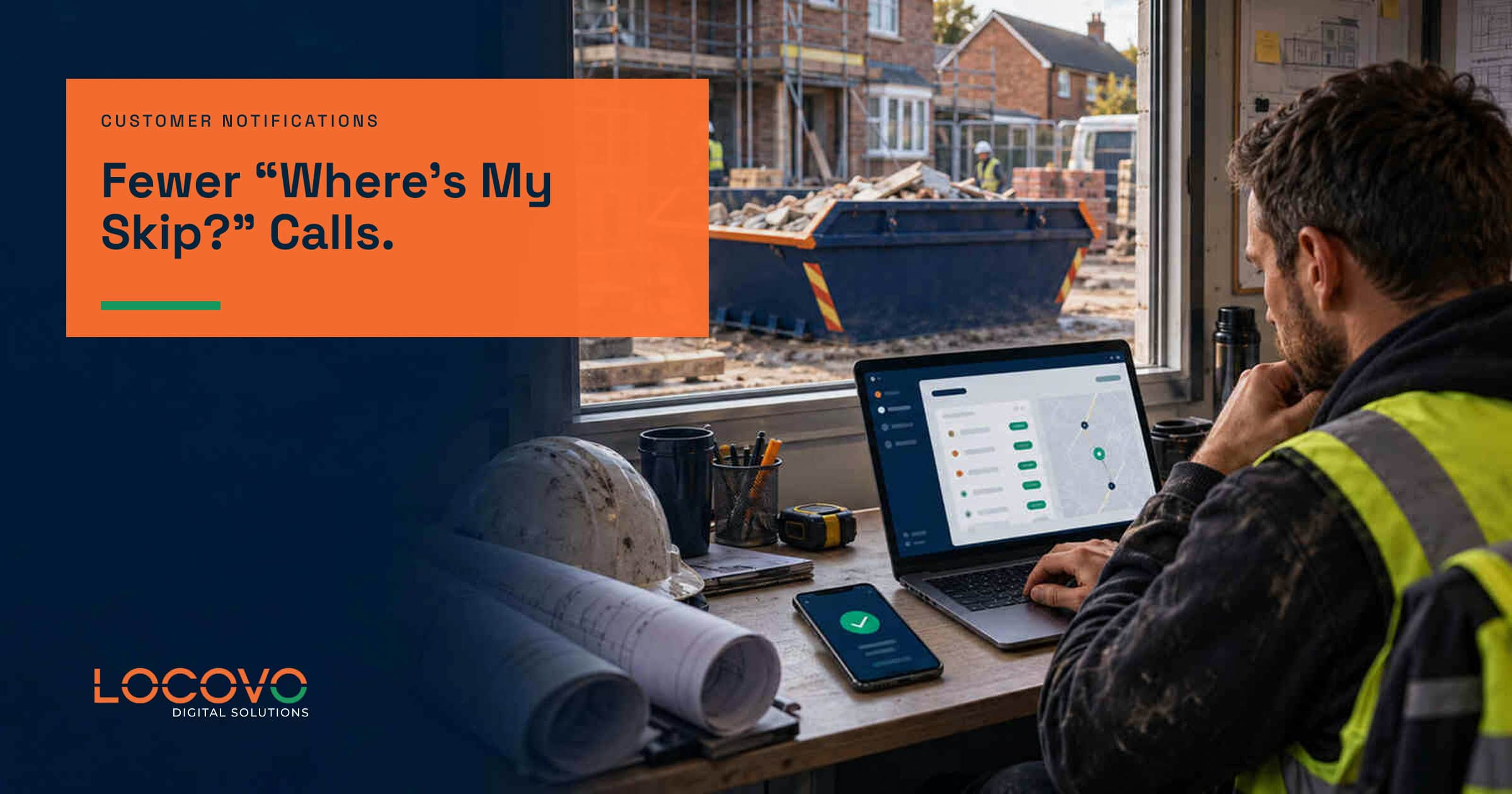 Skip hire operator handling a customer call beside a booking dashboard.