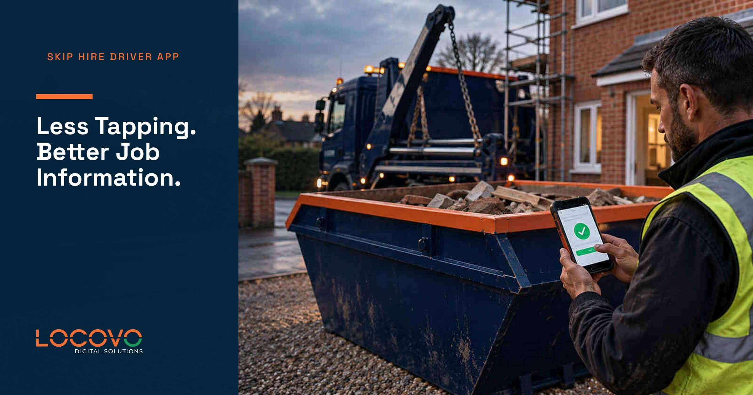 Driver checking job information on a phone beside a skip at a building site.