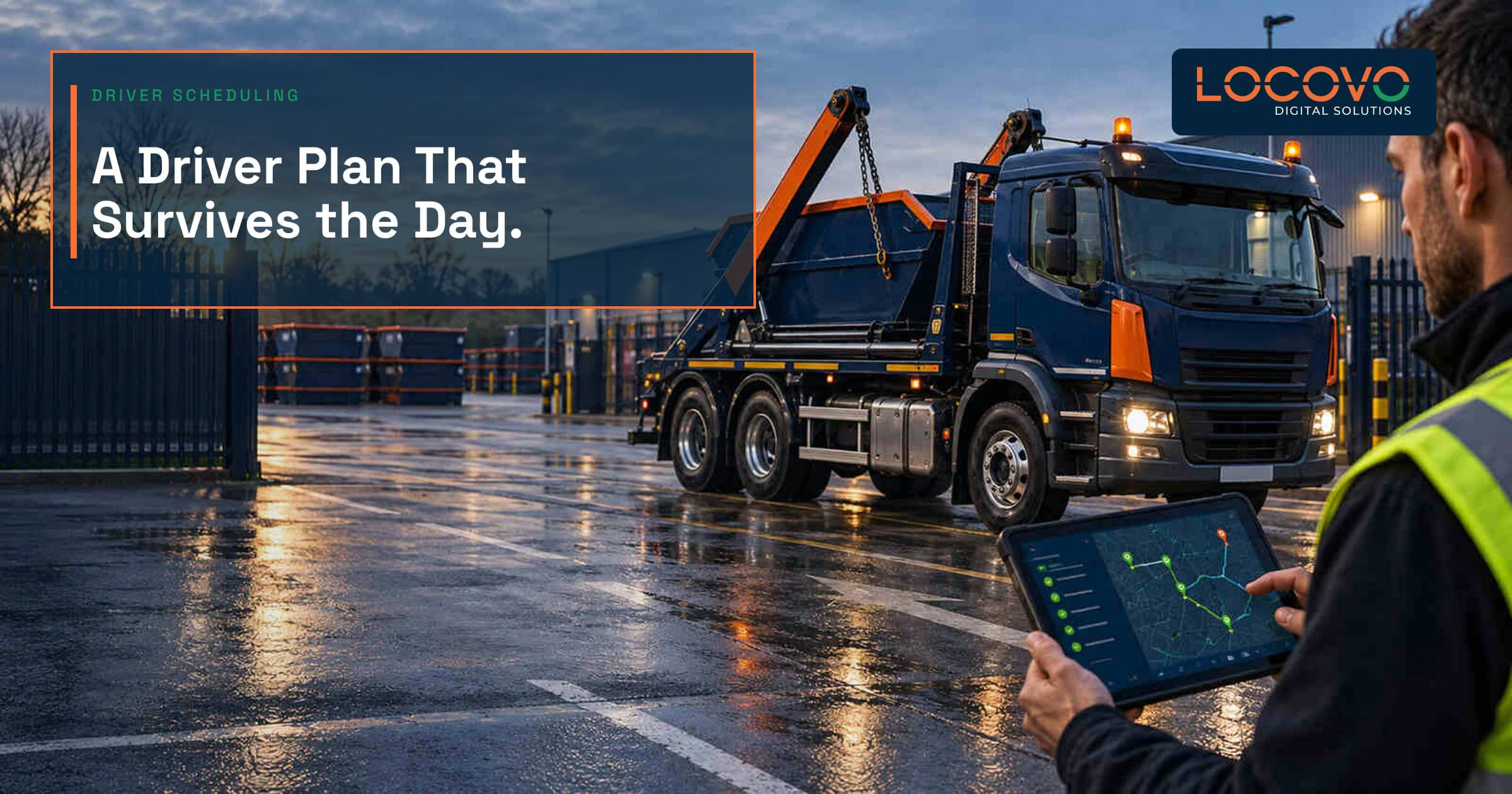 Transport manager checking a driver schedule beside a skip lorry.