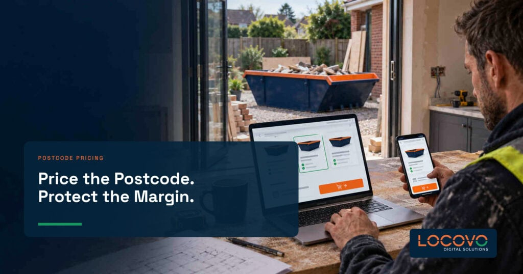 Skip hire booking and pricing screens on a laptop and phone.
