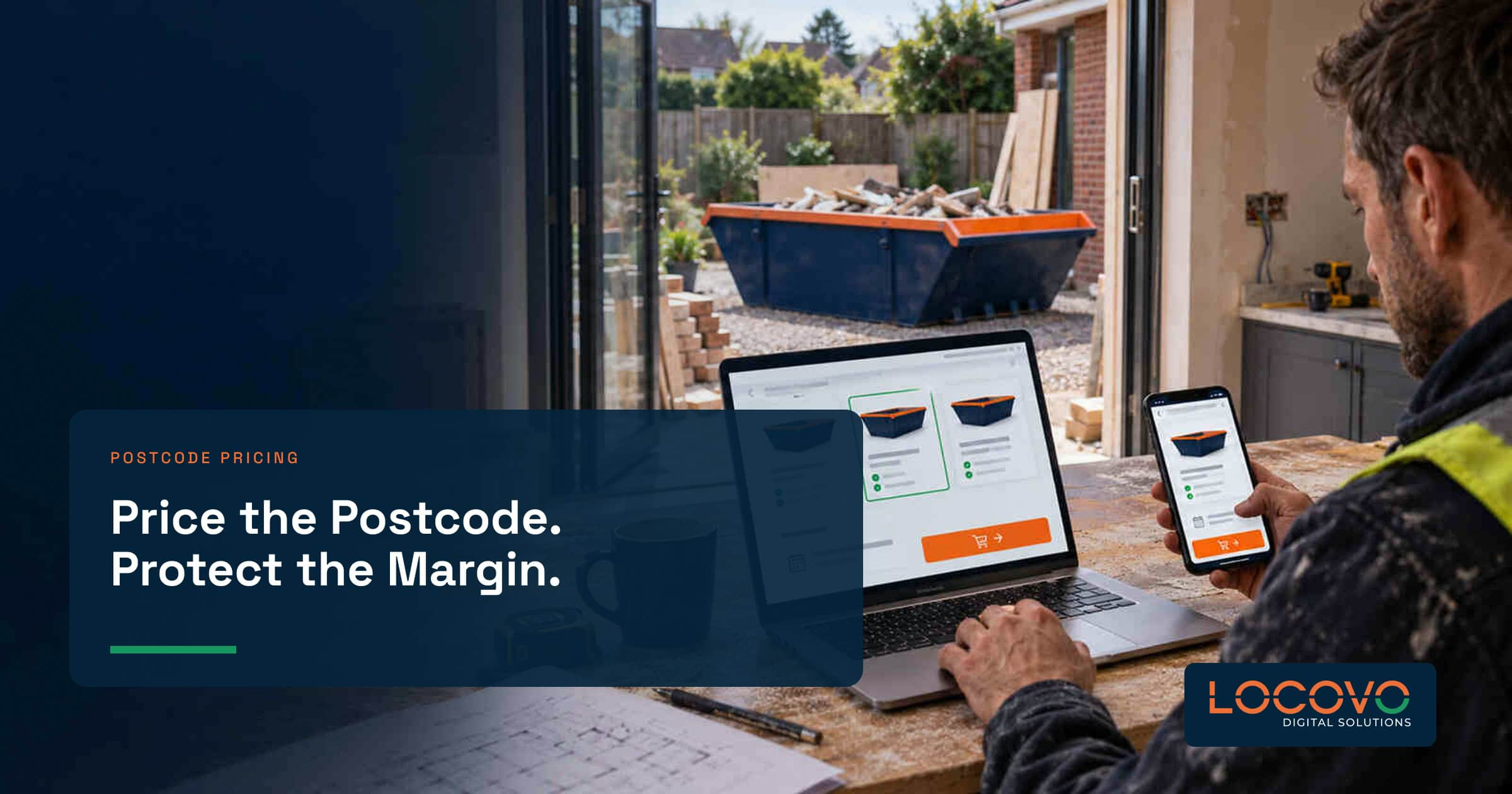 Skip hire booking and pricing screens on a laptop and phone.