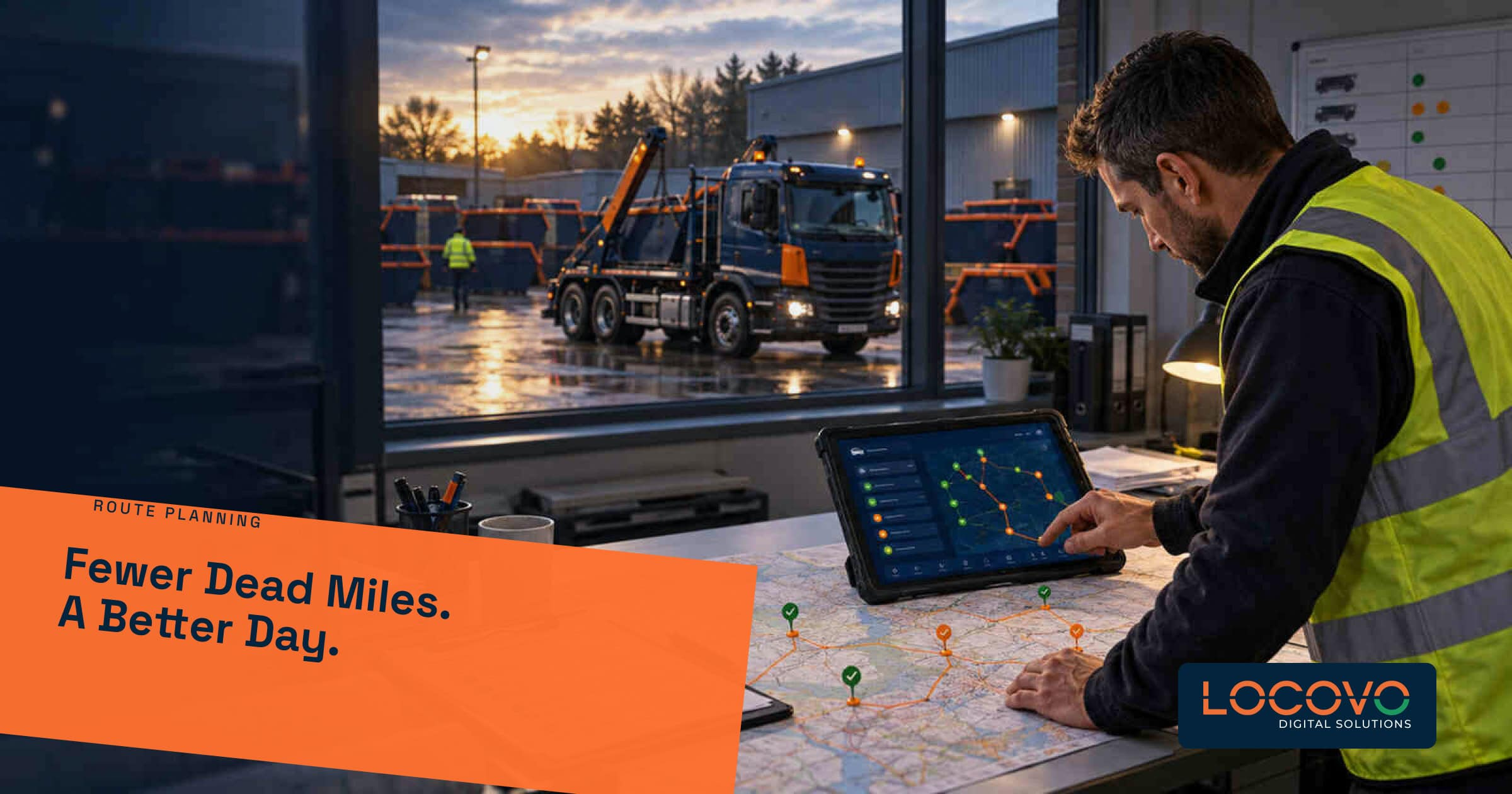 Transport manager planning skip delivery routes on a tablet beside a yard window.