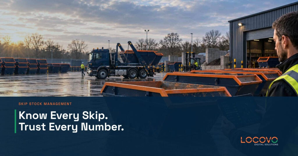 Rows of skips and a lorry in a yard, illustrating skip stock management.