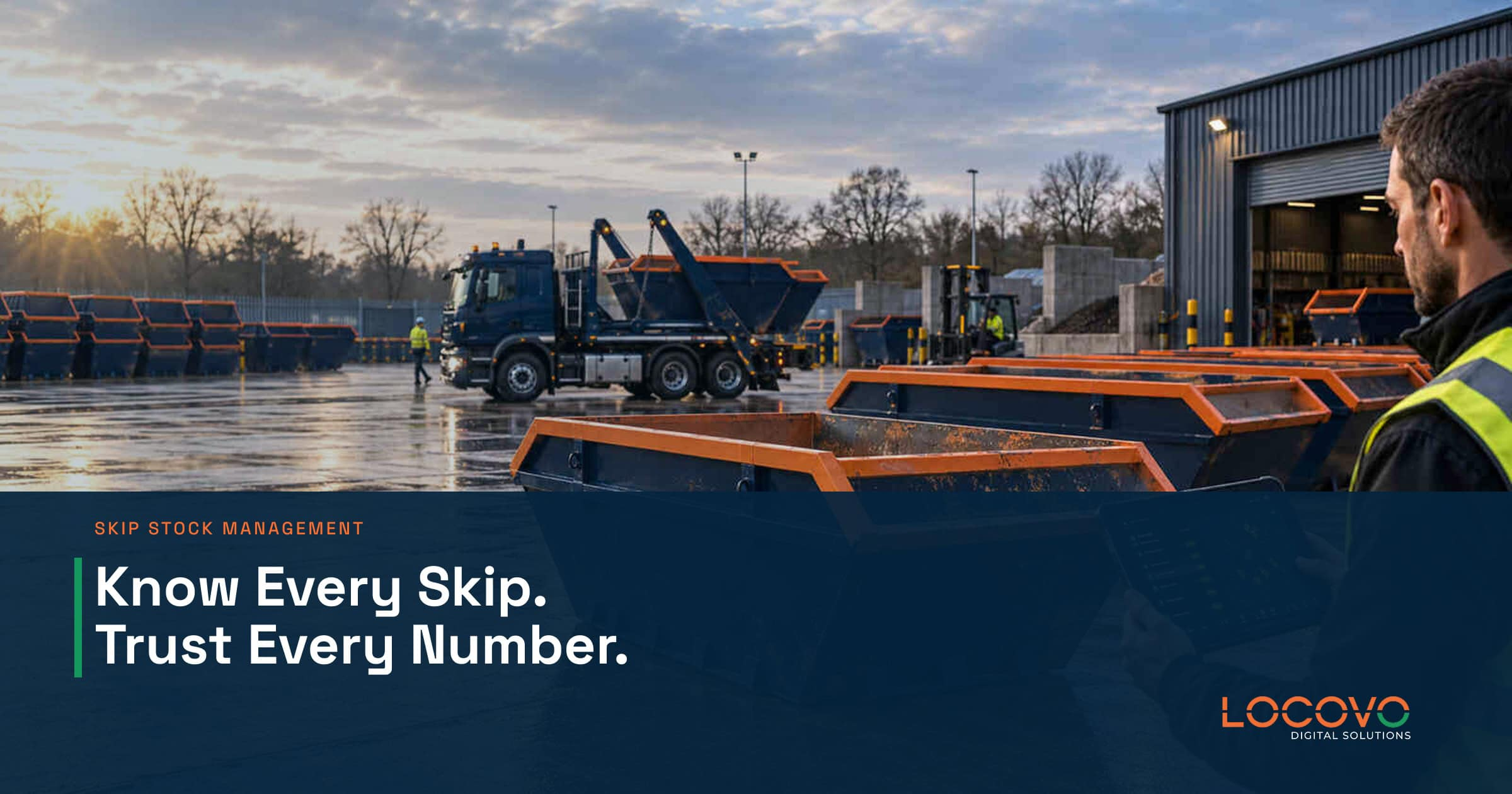 Rows of skips and a lorry in a yard, illustrating skip stock management.